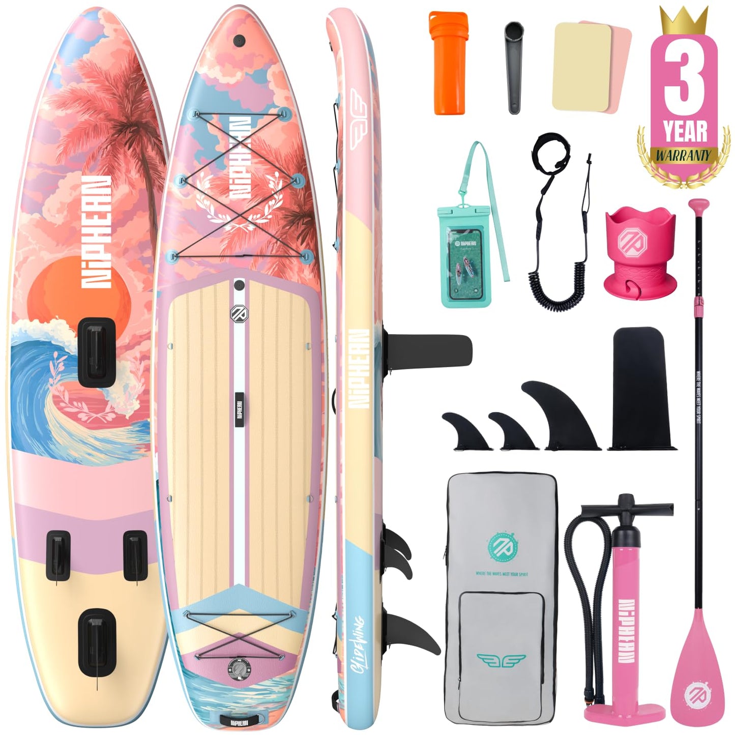 Niphean (Extra Large) Inflatable Paddle Board, SUP for 2+1 People/Family 500lbs Capacity Stand Up Paddle Board with SUP Accessories, StabilTrac Fin Non-Slip Paddleboard for Adults-Cheery