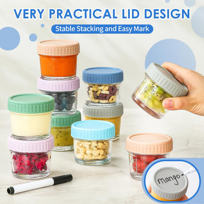 DRKIO 6 Pack Glass Baby Food Storage Containers - 4 Oz Baby Food Jars with Lids Baby Food Maker Microwave Dishwasher Freezer Safe 100% Leak Proof BPA Free Reusable