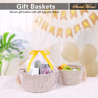 SweetMemo Mini Woven Rope Organizer Baskets - Decorative Gift Basket for Baby Showers & Home Storage - Warm Brown