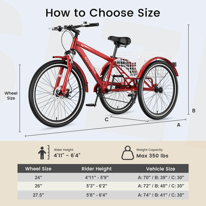 EOYOBIKE 7-Speed Adult Mountain Tricycle, 24/26/27.5 Inch 3-Wheel Bike for Seniors, Men's and Women's Trike with Large Rear Basket for Exercise & Shopping