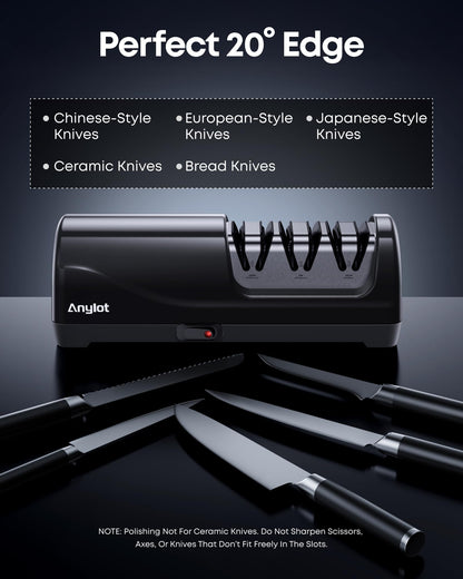 Electric Knife Sharpener for Kitchen, 3-Stage Knife Sharpener Electric with 100% Diamond Abrasives, 20° Precision Angle Guide, Fast & Safe Sharpening for Chef Knives, Home Use & Beginners (Black)