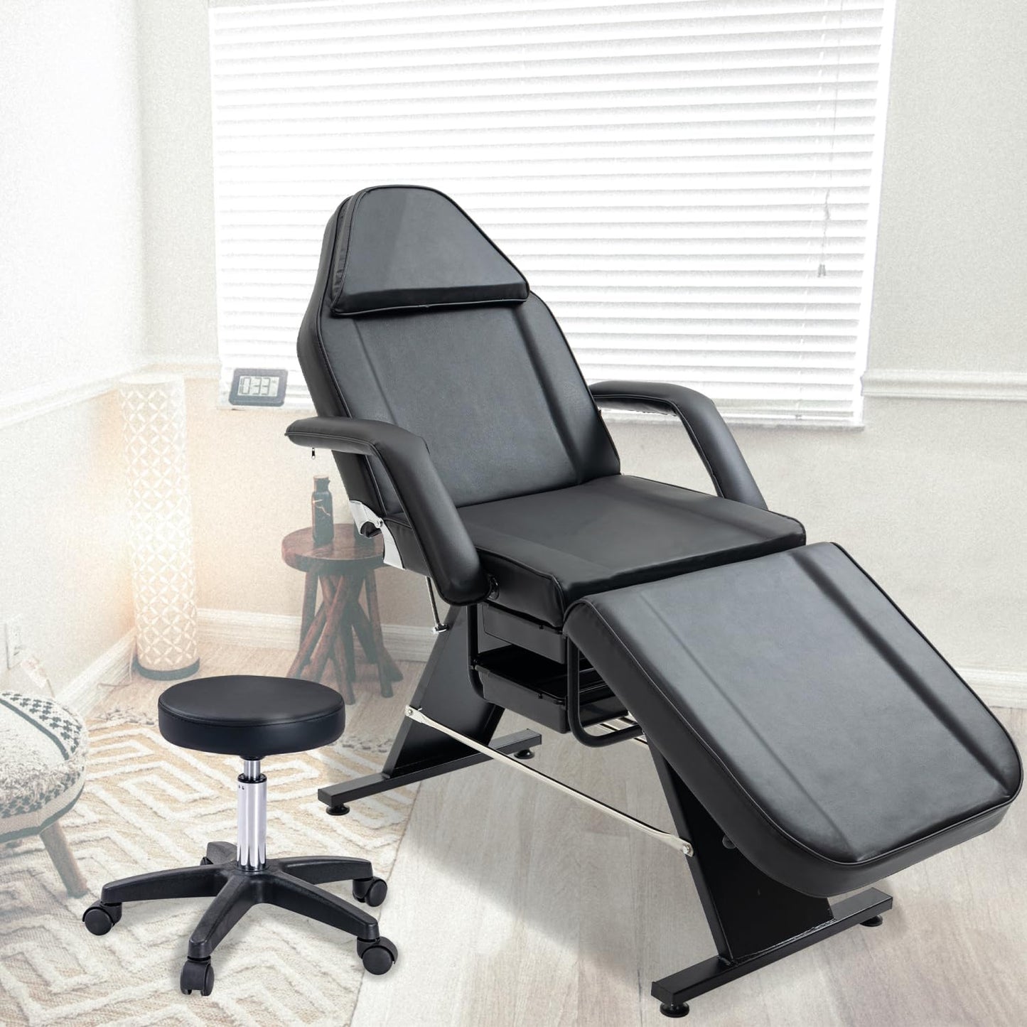 Geelife Massage Salon Tattoo Chair with Hydraulic Stool, Multi-Purpose 3-Section Facial Bed Table, Adjustable Beauty Barber Spa Equipment, Black