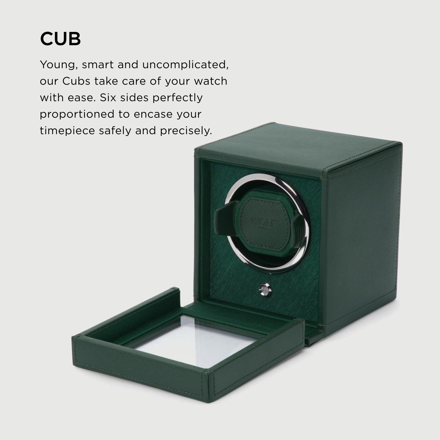 Wolf Cub Single Watch Winder with Glass Cover, Green - Secure Fit with Patented Lock-in Dynamic Cuff - Accommodates All Wrist Sizes - Vegan Leather - Includes Universal Adapter