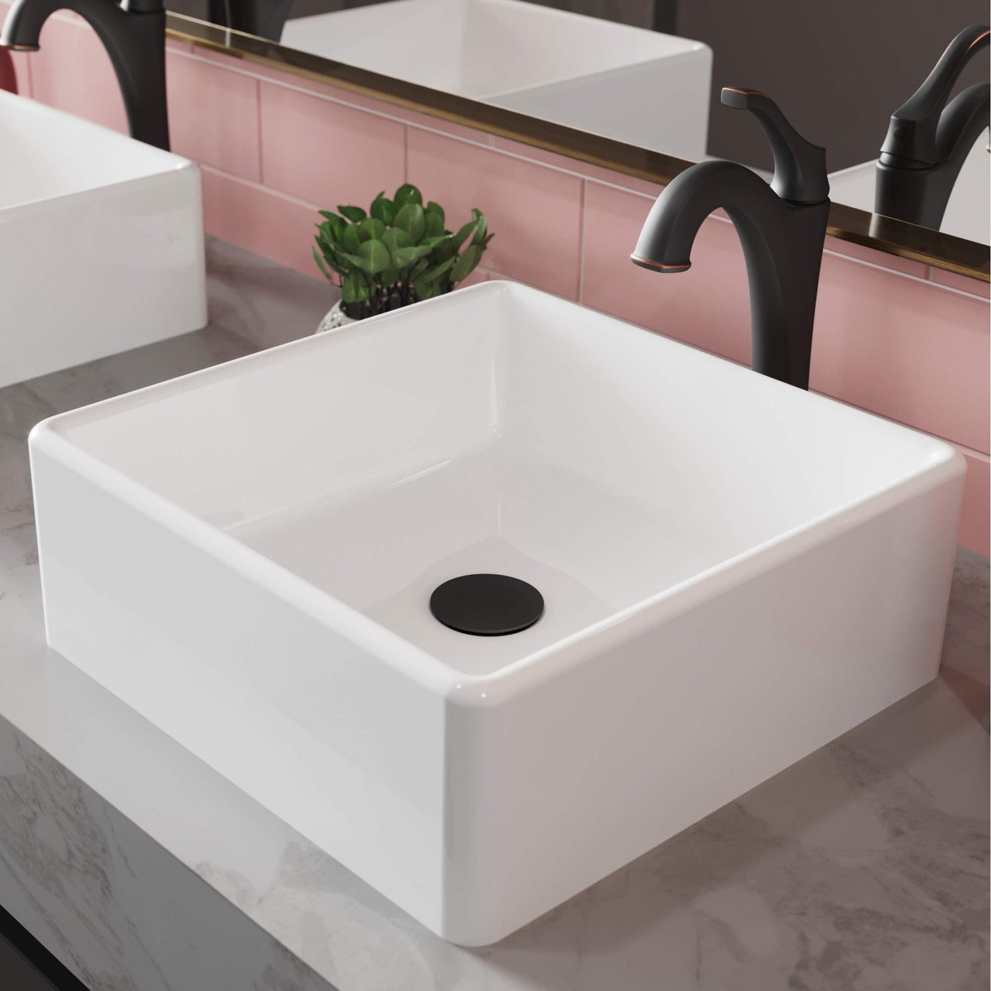 KRAUS Elavo 15-inch Square White Porcelain Ceramic Bathroom Vessel Sink and Arlo Faucet Combo Set with Pop-Up Drain, Oil Rubbed Bronze C-KCV-120-1200ORB