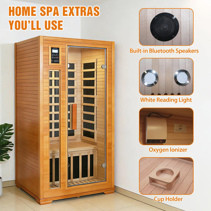 EAGLE PEAK 1-2 Person Low EMF Far Infrared Sauna, Red Light and Chromotherapy Lighting, Bluetooth Speakers, USB Port, Indoor Dry Heat Sauna, Canadian Hemlock Wood, Brown