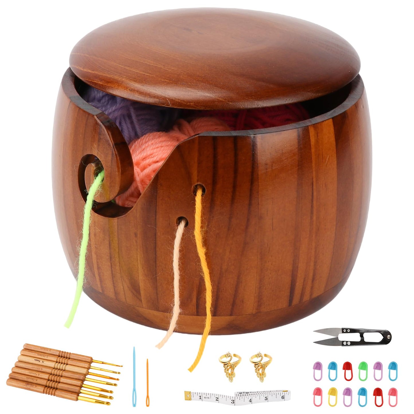 Ziimaikery Large Wood Yarn Bowl with Lid, Crochet Yarn Holder with 7pcs Knitting Hooks, No-Tangle Design, Yarn Storage Crochet Bowl Knitting at Home, Café, Park, Craft Gatherings Rotundity