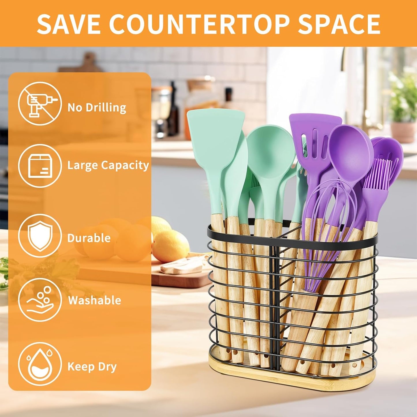 Large Utensil Holder for Kitchen Counter, 8.7" x 4.3" x 6.9", Wooden Base Matte Black Cooking Utensil Caddy