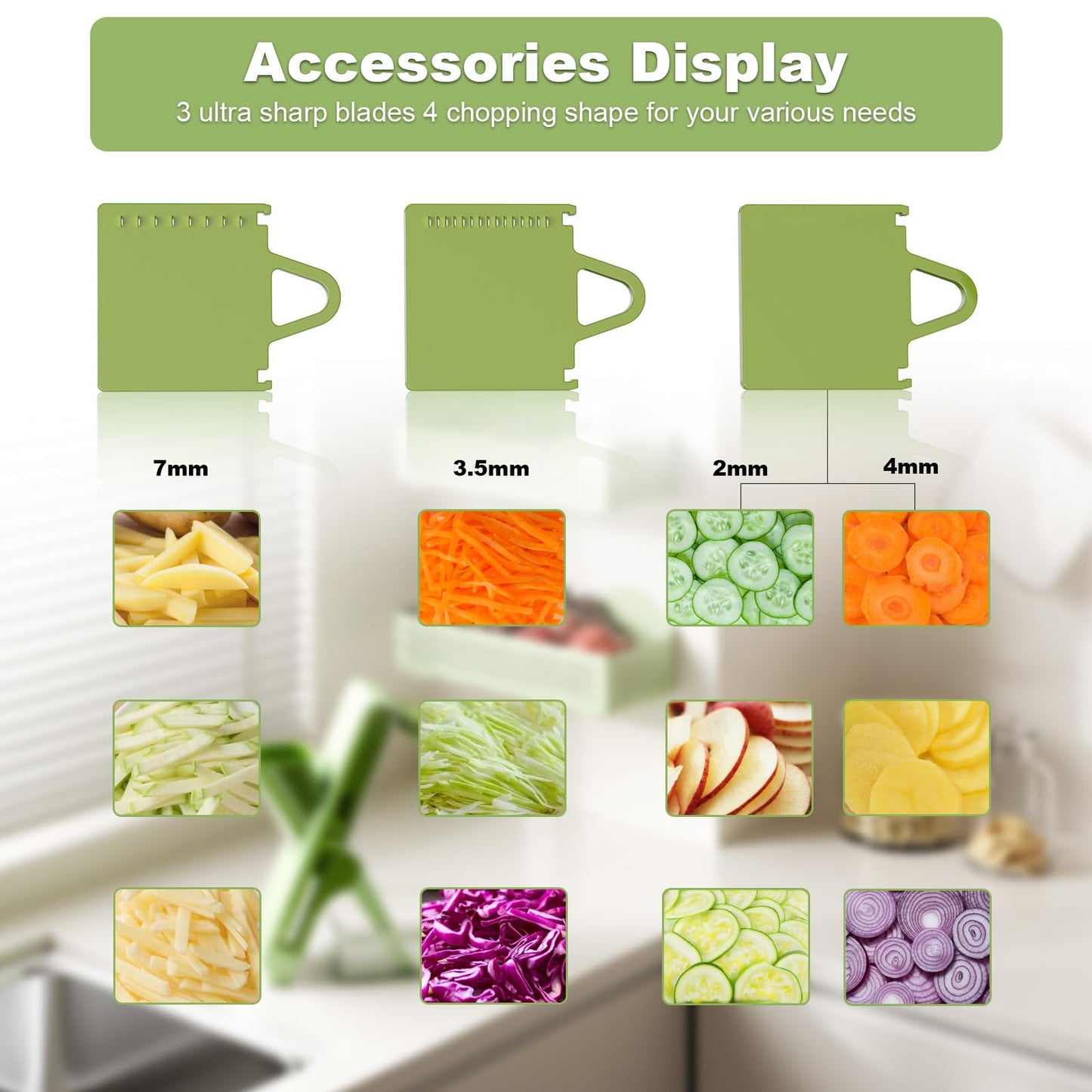Eletronova Safe Mandoline Slicer for Kitchen, Multi Vegetable Chopper with Thickness Adjuster, Finger-Safe Food Holder, Potato/Onion/Cucumber Slicer for Fast Meal Prep, Easy Clean(Light Dark Green)