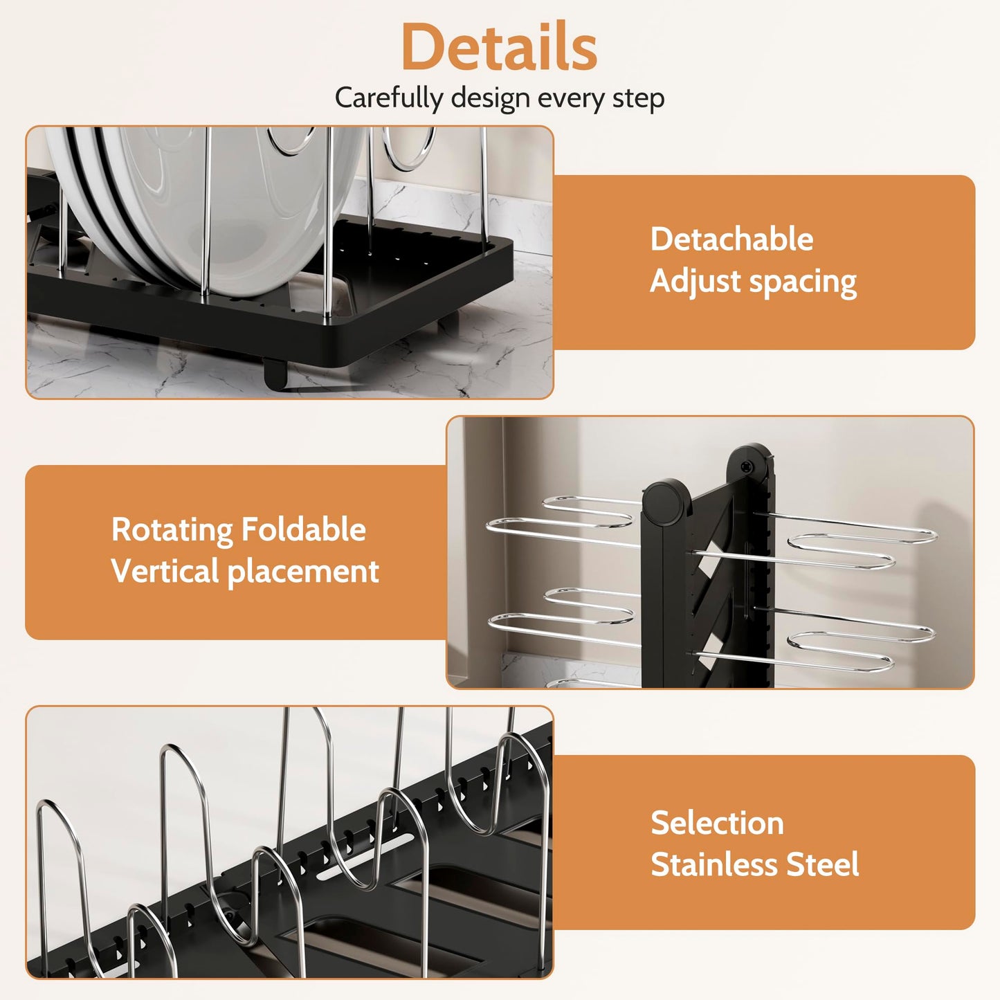 CEHNCEH Foldable Pots and Pans Organizer Under Cabinet 28.5" L x 9.1" W x 9.9" H Expanded, Folds Flat Adjustable 8-Tier Stainless Steel Dividers Kitchen Cabinet Cookware Baking Frying Rack (Black)