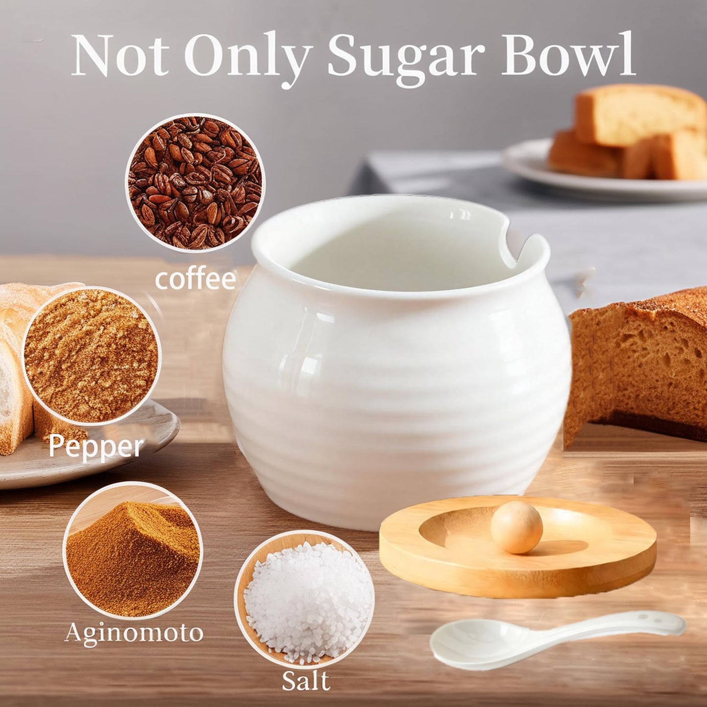 Rougizor 13oz Ceramic Sugar Bowl with Lid and Spoon, Porcelain Sugar Jar with Bamboo Lid, Salt Container Jar for Coffee Bar, Countertop, Kitchen, White Seasoning Container