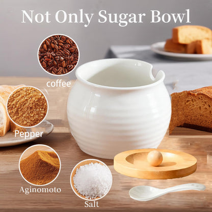Rougizor 13oz Ceramic Sugar Bowl with Lid and Spoon, Porcelain Sugar Jar with Bamboo Lid, Salt Container Jar for Coffee Bar, Countertop, Kitchen, White Seasoning Container