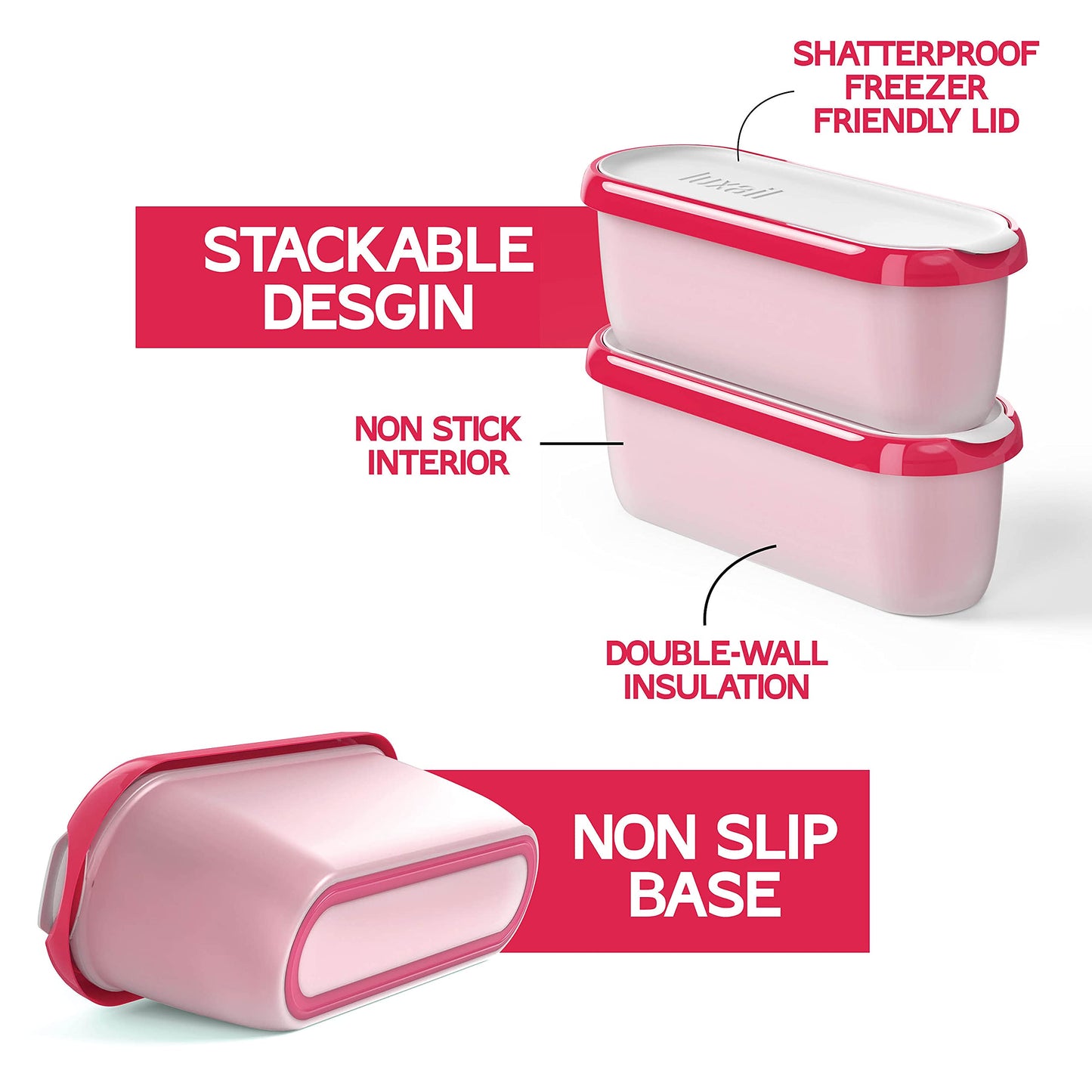 Ice Cream containers for homemade ice cream, Reusable Storage Freezer ice cream Container With Lids,2 Pack, BPA FREE, Dishwasher Safe Tub. Double Insulated, 1.5 Quart, Red and Burgundy , Non Slip