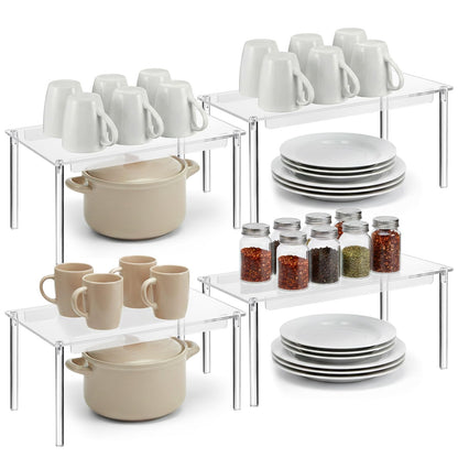 HANLANXUE 4 Pack Clear Kitchen Cabinet Organizer, Stackable Acrylic Tiered Spice Organization Display Shelf for Cabinet Shelf Desk Countertop Organizer