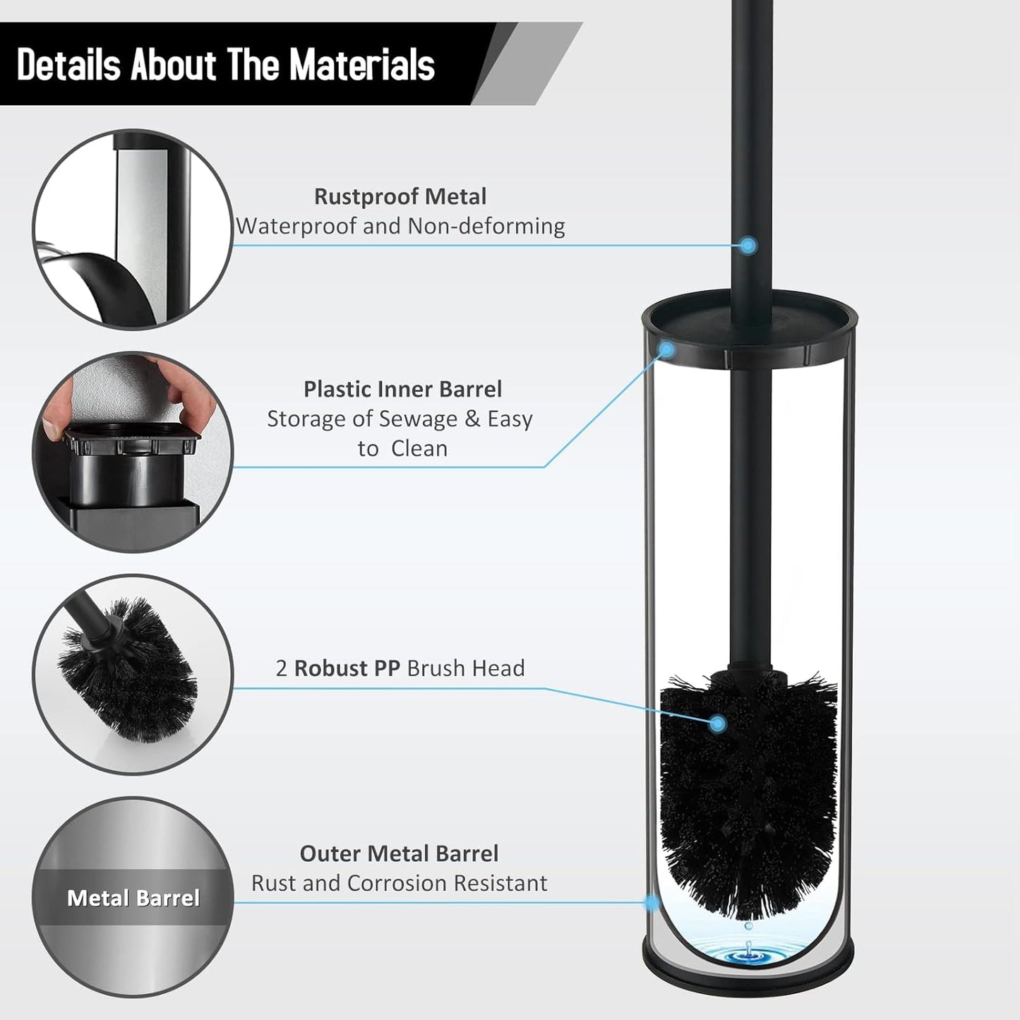 2 BGL Stainless Steel Toilet Brush with Holder, Black Bristle Heads
