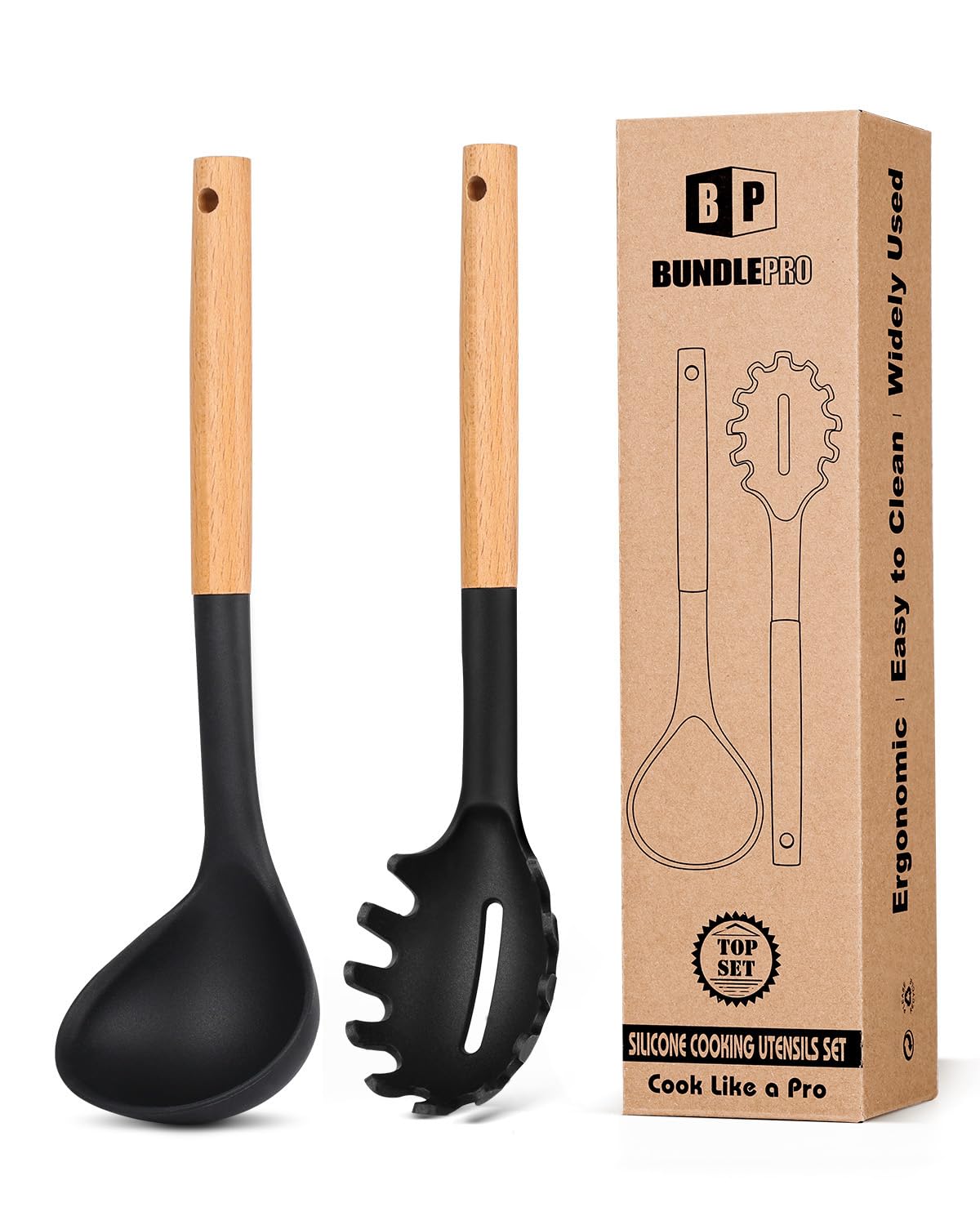 Silicone Pasta Fork and Ladle Spoon Set with Wooden Handle, Heat Resistant Non Stick Kitchen Utensils for Cooking, Stirring, Serving Spaghetti, Soup, Sauce(BLACK)