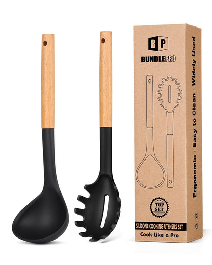 Silicone Pasta Fork and Ladle Spoon Set with Wooden Handle, Heat Resistant Non Stick Kitchen Utensils for Cooking, Stirring, Serving Spaghetti, Soup, Sauce(BLACK)
