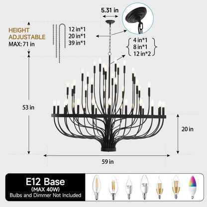 VBKK 60" 48-Light Extra Large Chandelier, Black Foyer Chandeliers for High Ceilings, Modern Farmhouse Light Fixtures for Dining Room Kitchen Island, E12 Vintage Rustic Industrial Candle Chandeliers