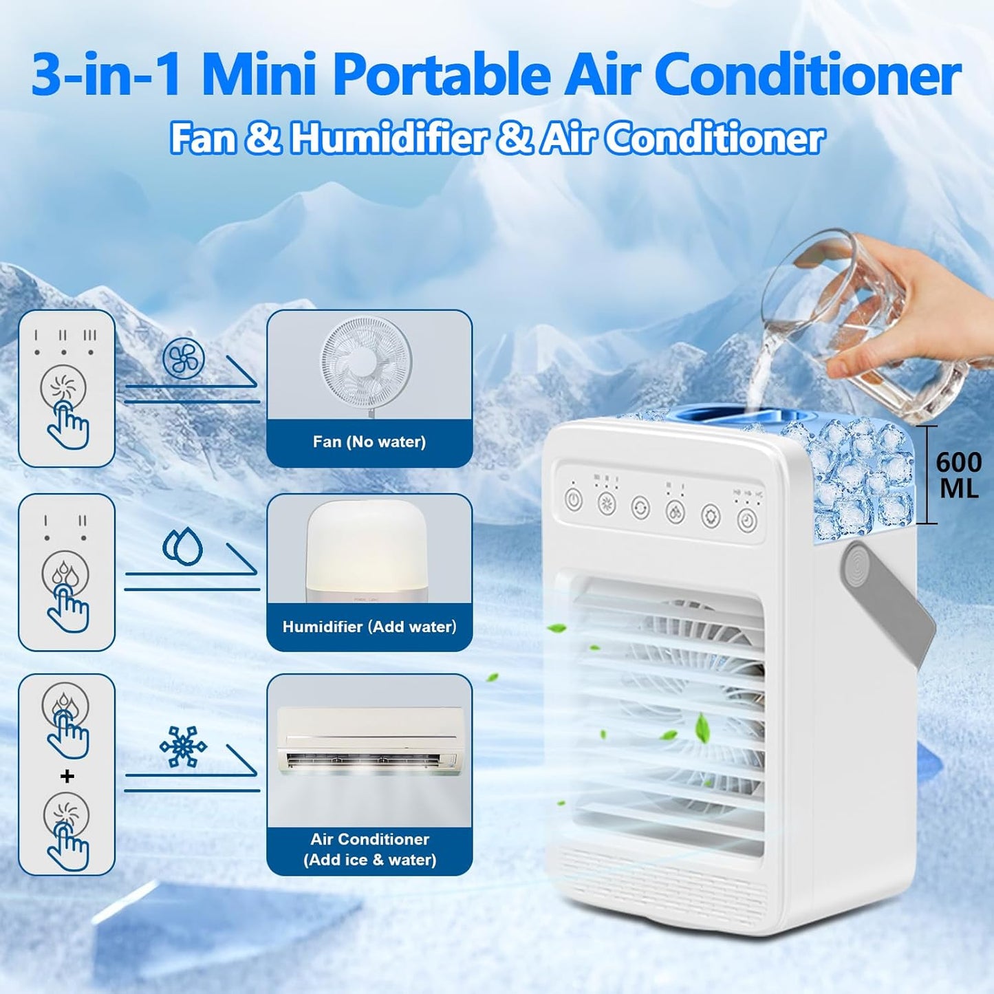 Portable Air Conditioners, 180° Oscillation Mini AC, 4 Wind Speed, Built-in Ambient Light, Large Water Tank for