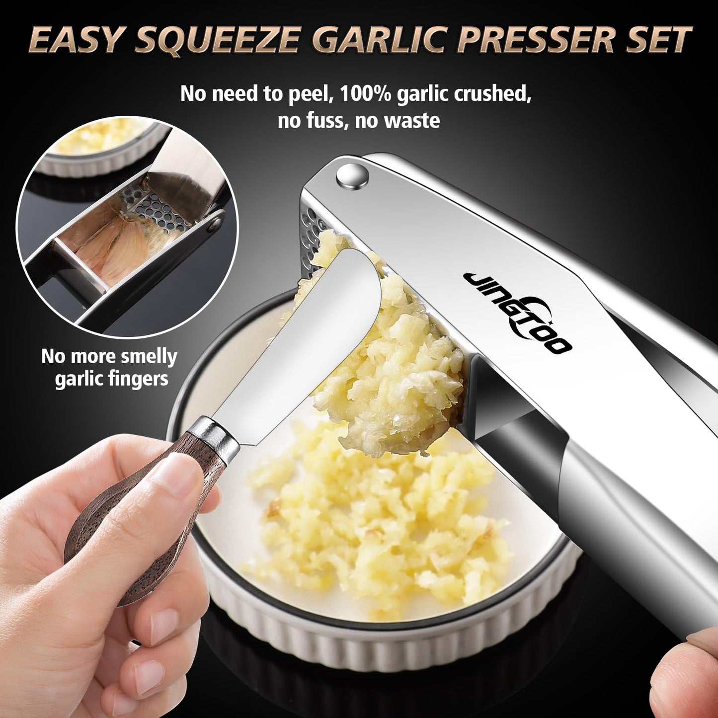 JINGTOO Garlic Press Stainless Steel, Premium Garlic Mincer - 5 Years Warranty - No Need to Peel Garlic Crusher, Ginger Masher & Presser Large Trough Ergonomic Handle, Easy Squeeze，Dishwasher Safe