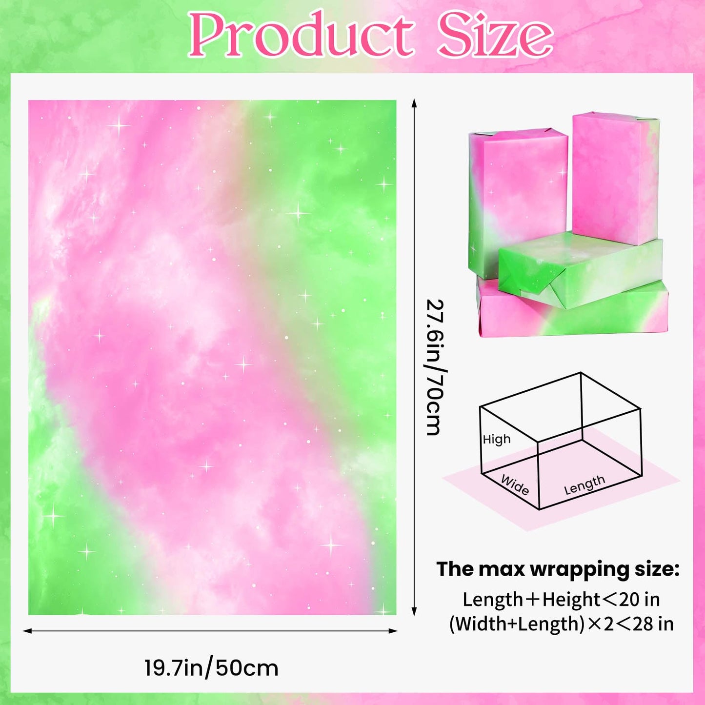 Pineraap 12 Sheets Pink and Green Wrapping Paper, Gradient Gift Wrap Paper Watercolor Gift Packing Paper for Girls Women Witch Themed Birthday Party DIY Crafts, 19.7 x 27.6 Inch