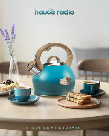 Hauce Radio Tea Kettle, Whistling Stovetop Teapot Food Grade Stainless Steel Tea Kettles for Stove Top with Anti-hot Ergonomic Handle,Kettle Spout for Tea, Coffee or Milk, 2.1 Quart Tea Pots