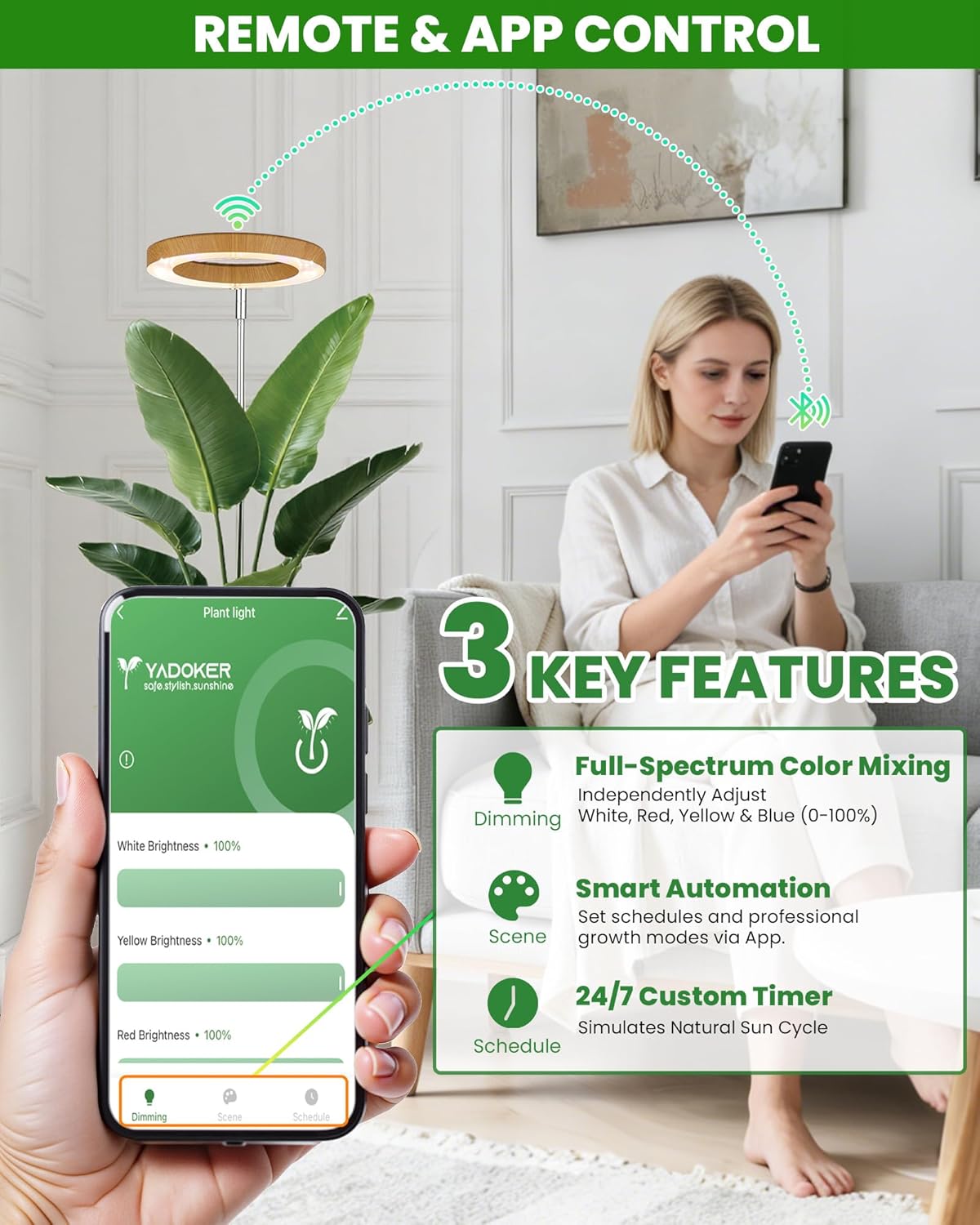 Plant Grow Light,yadoker Smart Plant Light Compatible with Alexa,Google for Indoor Plants,Height Adjustable,Customized