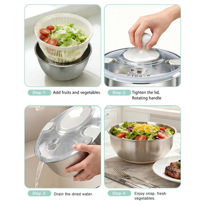 Large Salad Spinner with Storage Lid，5.29QT Stainless Steel Spin Dry Salad Greens Fruit Washing Bowl with Strainer Vegetable Cleaner washer Lettuce Spinner with slicer and julienne cutter