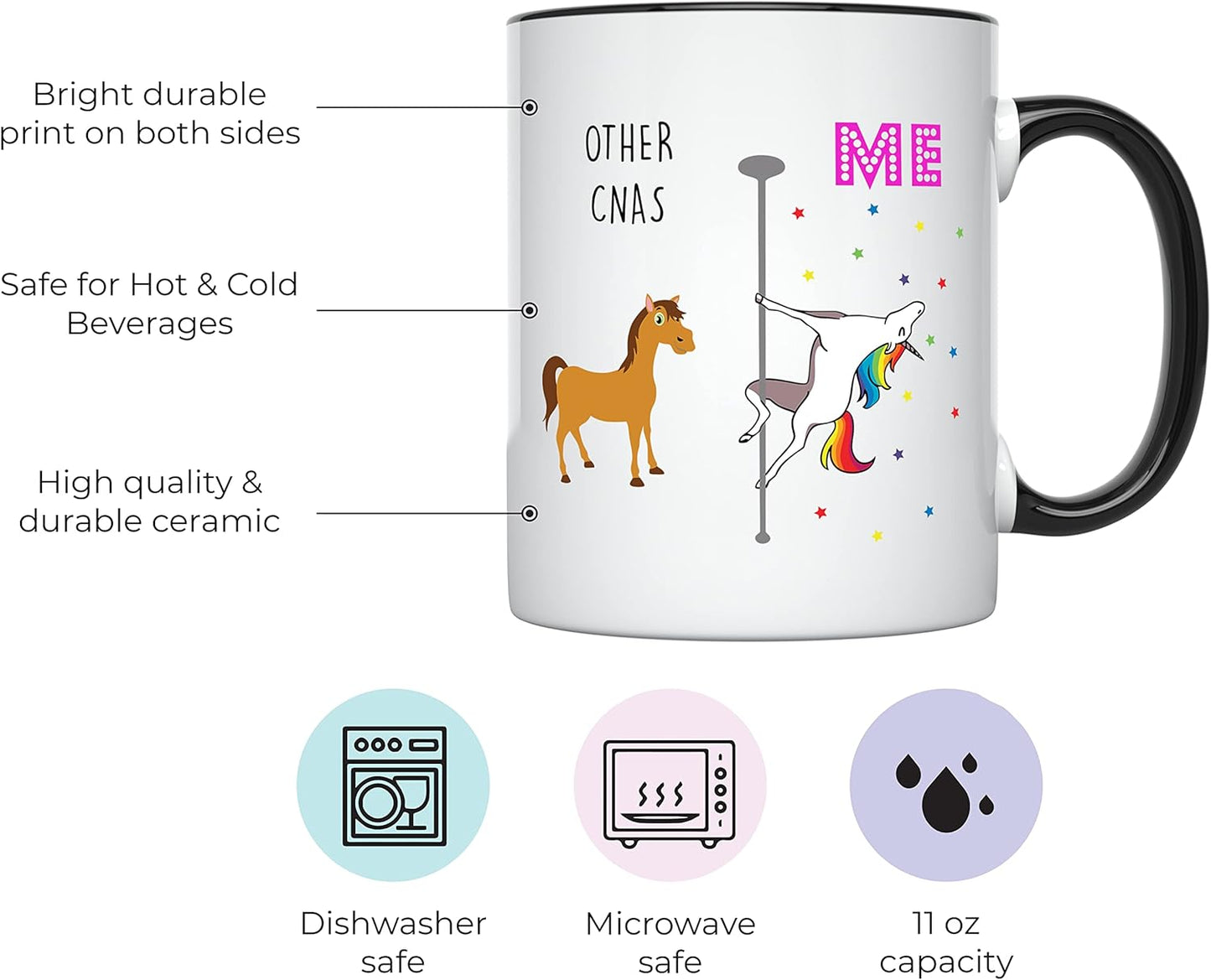 YouNique Designs CNA Mug - 11 Ounces, White Unicorn Mug, Certified Nursing Assistant Gifts for Women (Black Handle)
