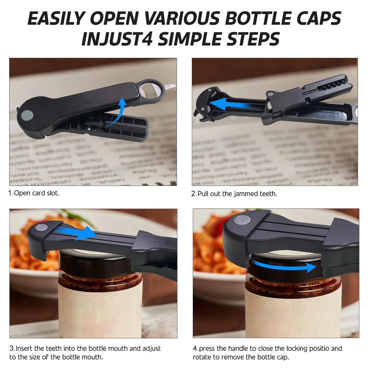 Banyaa 7 in 1 Jar Opener Bottle Opener and Wine Opener for Seniors with Arthritis, Weak Hands, Multi Retractable Magnetic Can Opener, Original Kitchen Lid Opener Tool (Black)