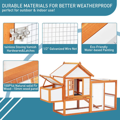 Chicken Coop Hen House Outdoor Poultry Cage with Large Nesting Box, 5 Lockable Doors Wooden Chicken House with Weatherproof Cover for Outdoor Backyard Farm, Orange