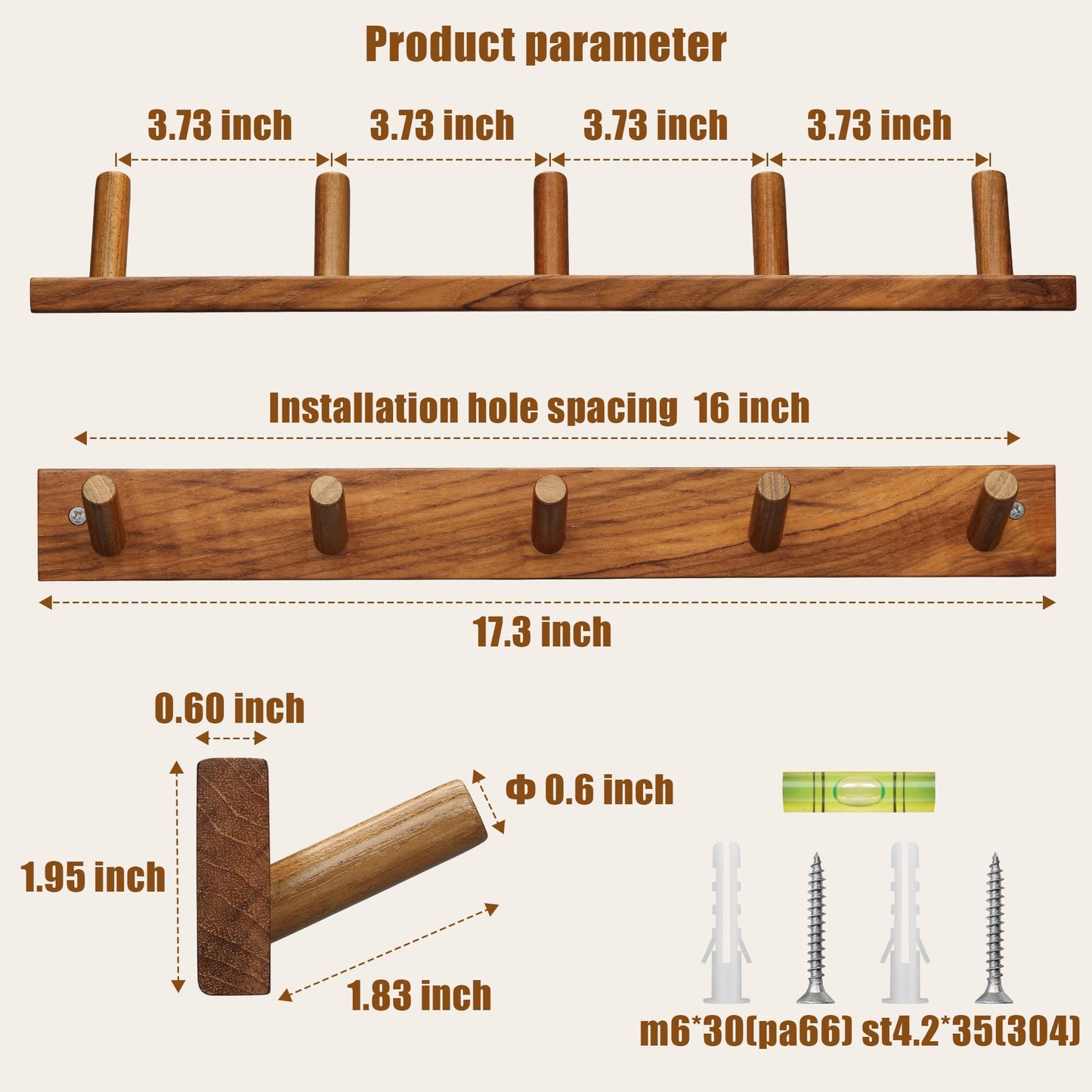 chiumay Natural Teak Wood Wall Hooks(Set of 2, 17.3") – Rustic Wooden Coat Hooks for Bathroom, Entryway & Bedroom – Durable Wall Pegs for Hanging Coats, Hats & Towels