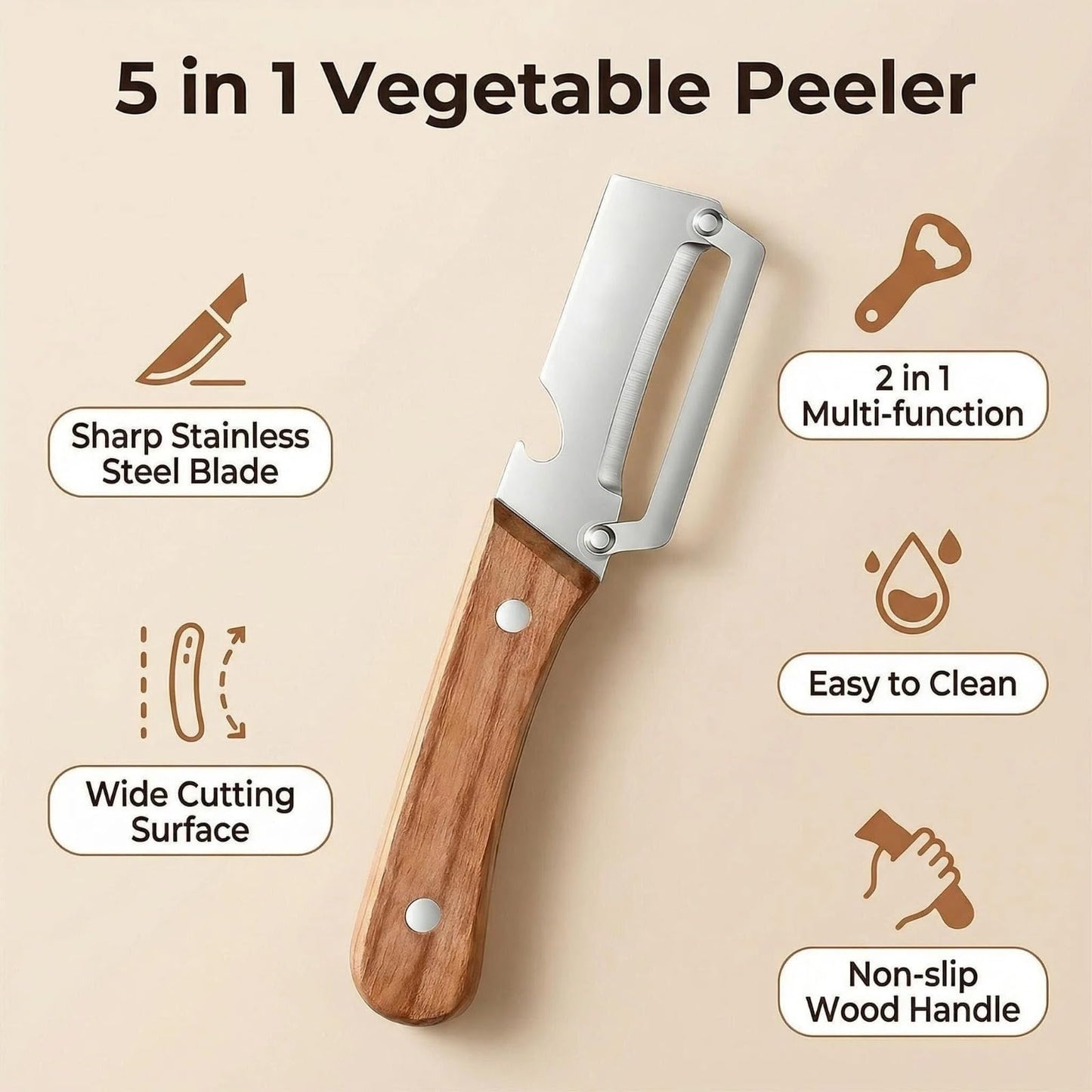 NEW Premium Vegetable Peeler with Wooden Handle and Bottle Opener: 2-in-1 Stainless Steel Kitchen Tool for Fruit Apple Potato Pumpkin Papaya (2Pcs)