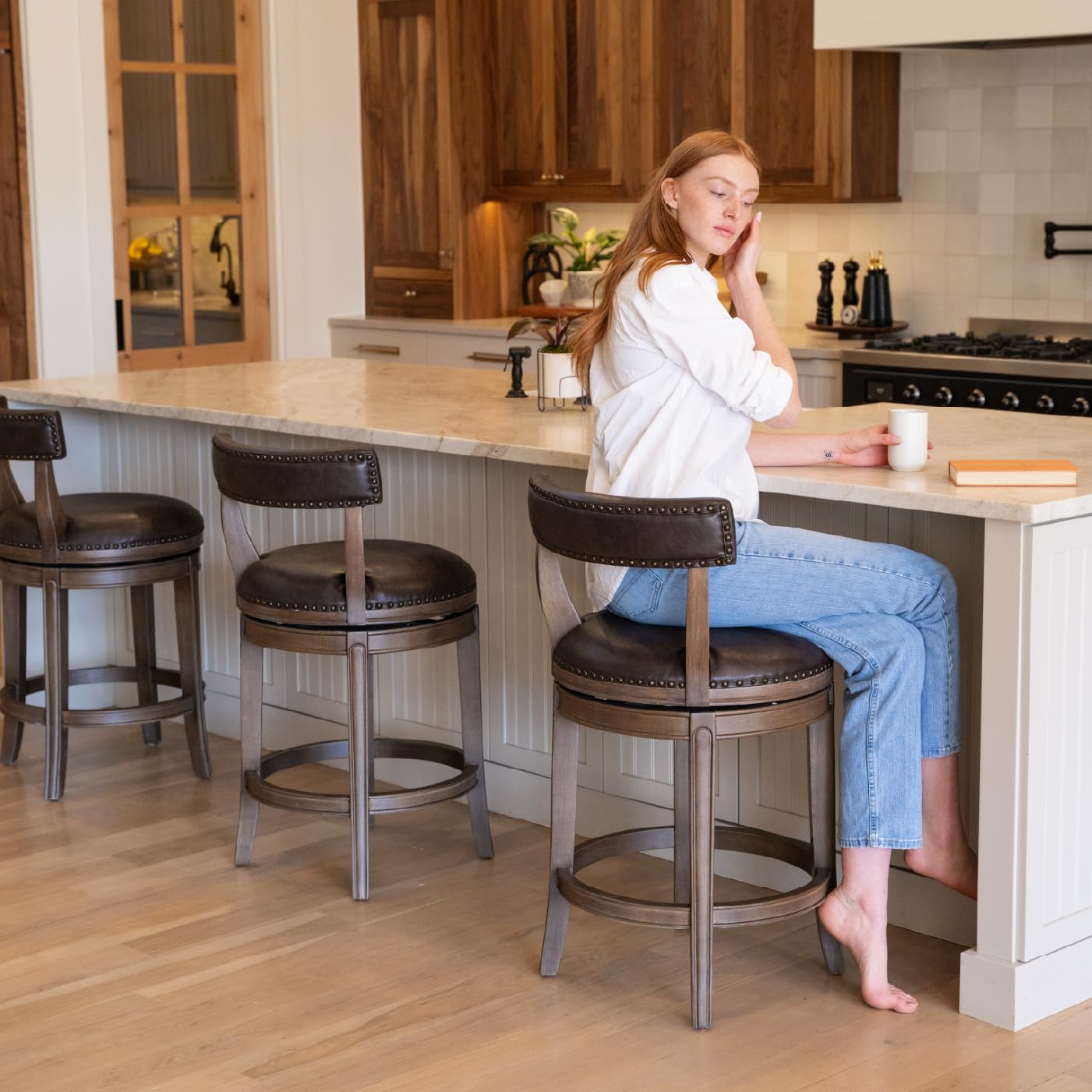 Maven Lane Alexander Counter Stool 26 Inches – Swivel Stool with Footrest – Brown Solid Wood and Brown Faux Leather Upholstery – Perfect for Kitchen Island and Counter