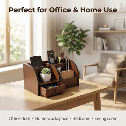 YIKATEND Wooden Desk Organizer with Drawer, Multi-Compartment Desktop Storage for Office Supplies, Remote Control, Phone, Makeup & Accessories