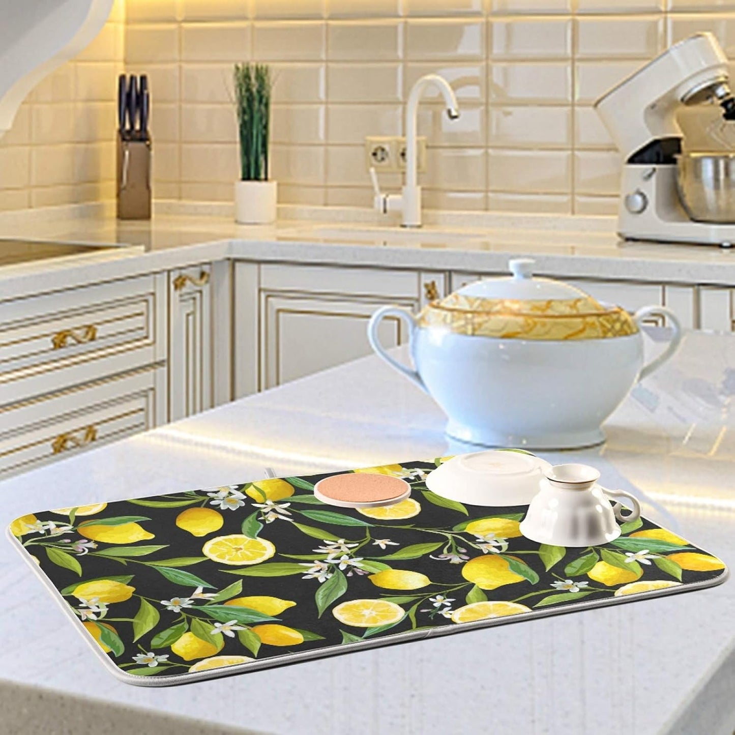 ALAZA Yellow Lemon on Black Dish Drying Mat, Absorbent Microfiber Large Drying Pad for Kitchen Counter