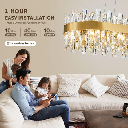 TMAFON Modern Brass Gold Crystal Chandelier, Rectangle K9 Crystal Raindrop Chandelier Lights, Contemporary Ceiling Hanging Light Fixtures for Kitchen Island Dining Room, Length 35.4 inches