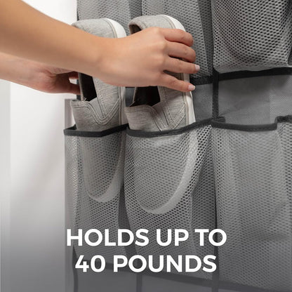 HOME GENIE 24 Pocket Strong Over Door Shoe Organizer, Holds Up to 40 Pounds, Large Breathable Mesh Pocket (Gray)