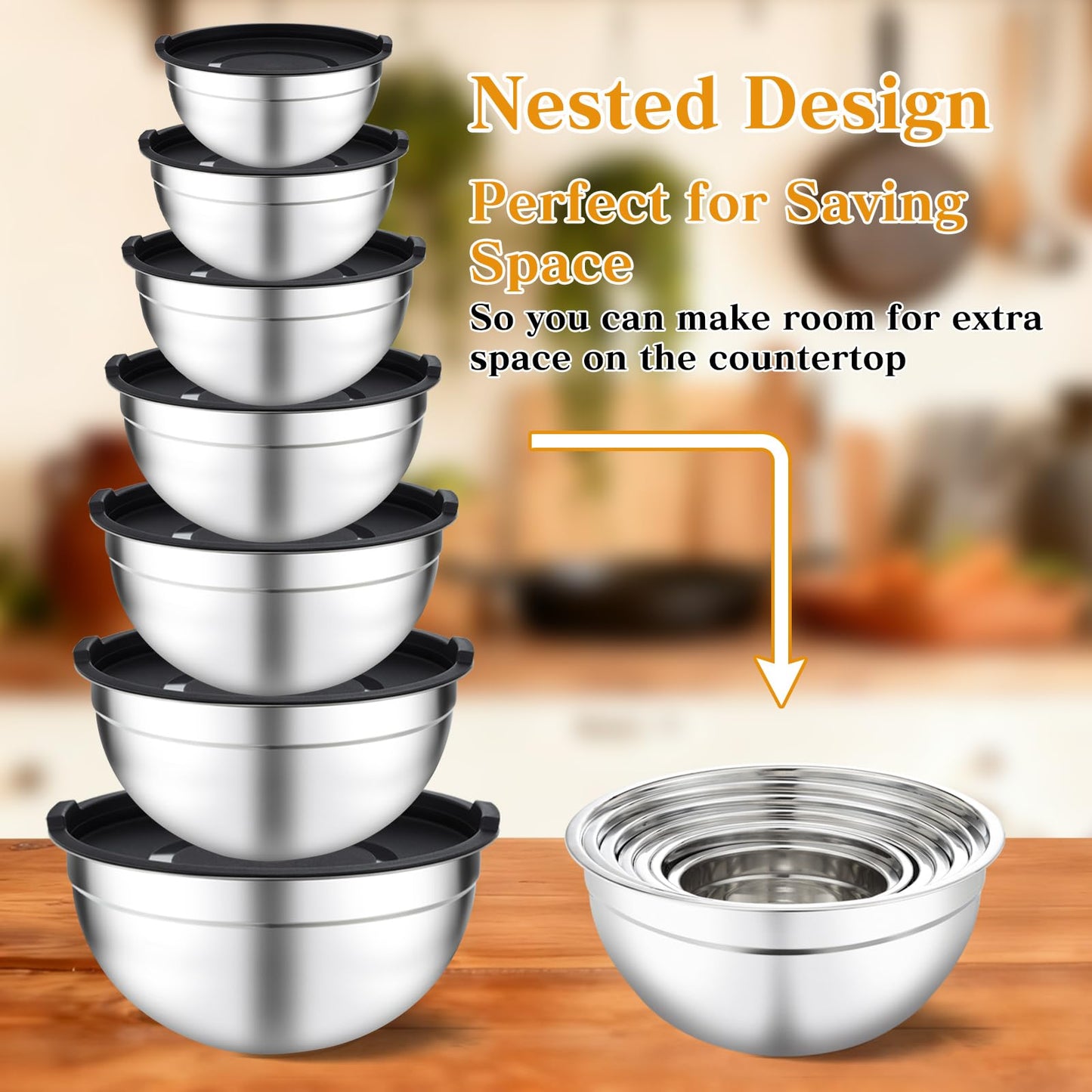 Unokit Mixing Bowls with Lids Set - 16 Pcs Stainless Steel Nesting Mixing Bowls with Grater Attachments, Mixing Bowl Set for Multi Mixing & Serving