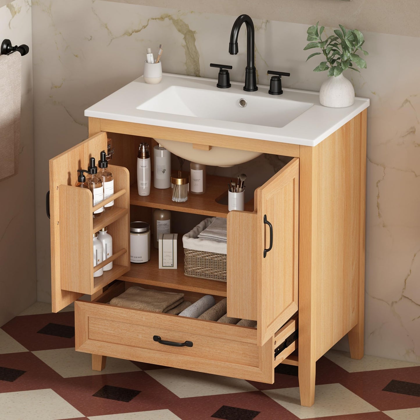 Christopher Knight Home Tessa 30" Bathroom Vanity with Ceramic Sink, Wooden Storage Cabinet with Adjustable Interior Shelf, Bathroom Organizer with Soft-Close Double Doors & Bottom Drawer, Wood
