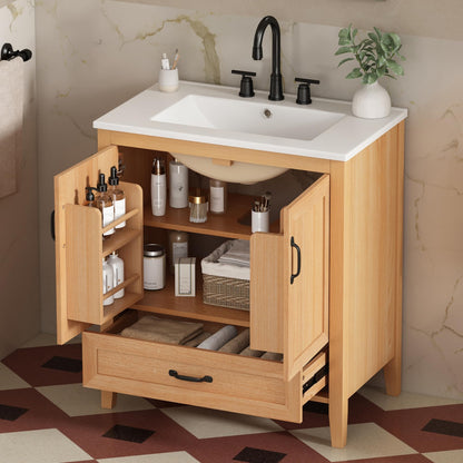 Christopher Knight Home Tessa 30" Bathroom Vanity with Ceramic Sink, Wooden Storage Cabinet with Adjustable Interior Shelf, Bathroom Organizer with Soft-Close Double Doors & Bottom Drawer, Wood
