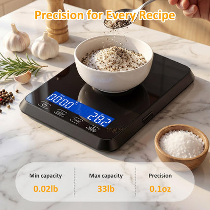 Letron Food Scale, 33 lb / 0.1 oz High Precision Kitchen Scale for Sourdough Bread, Built-in 7 Units, Timing & Tare Function, Rechargeable Digital Kitchen Scale for Food, Baking, Cooking