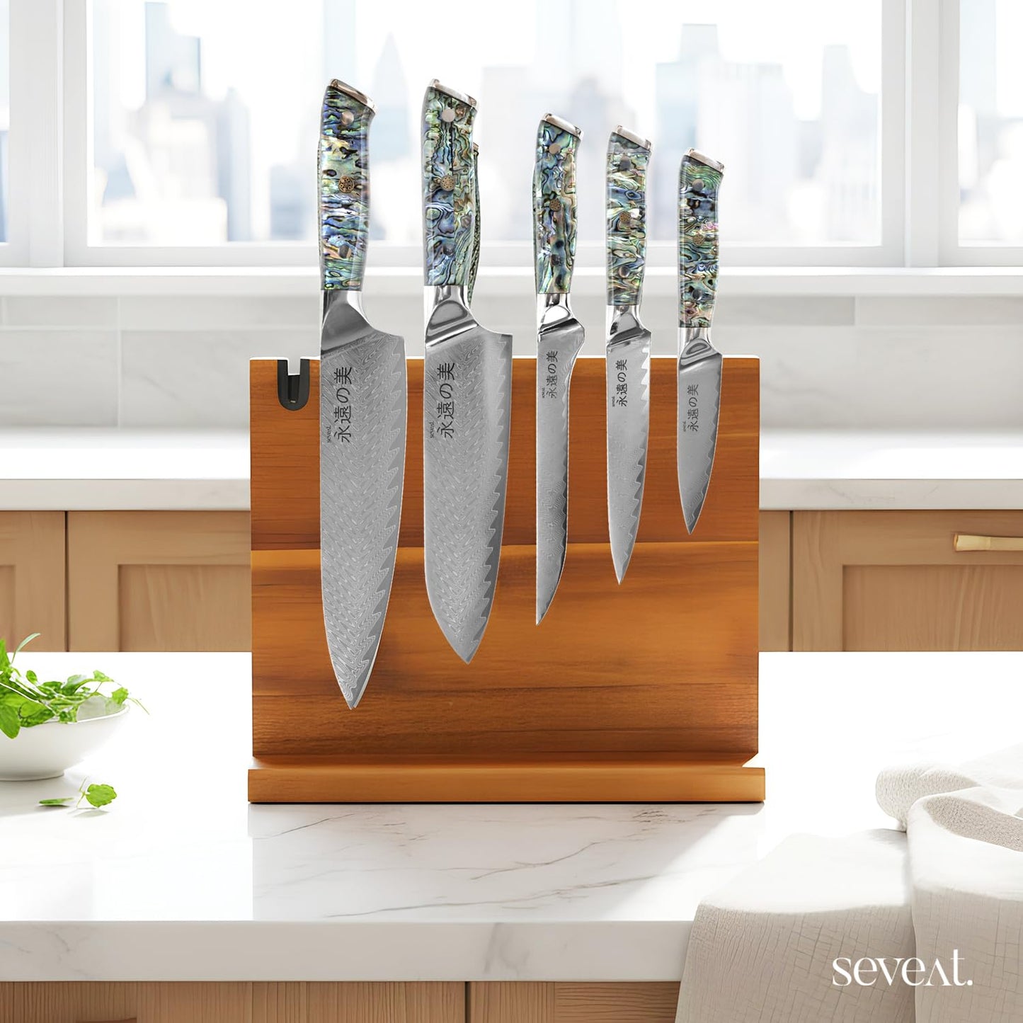 Seveat Damascus Kitchen Knife Set | 67-Layer Damascus Steel | Professional Chef Knives Set | Ergonomic Blue Shell Handle | Acacia Wood Magnetic Holder Included (Blue-3, 5-Piece Set)