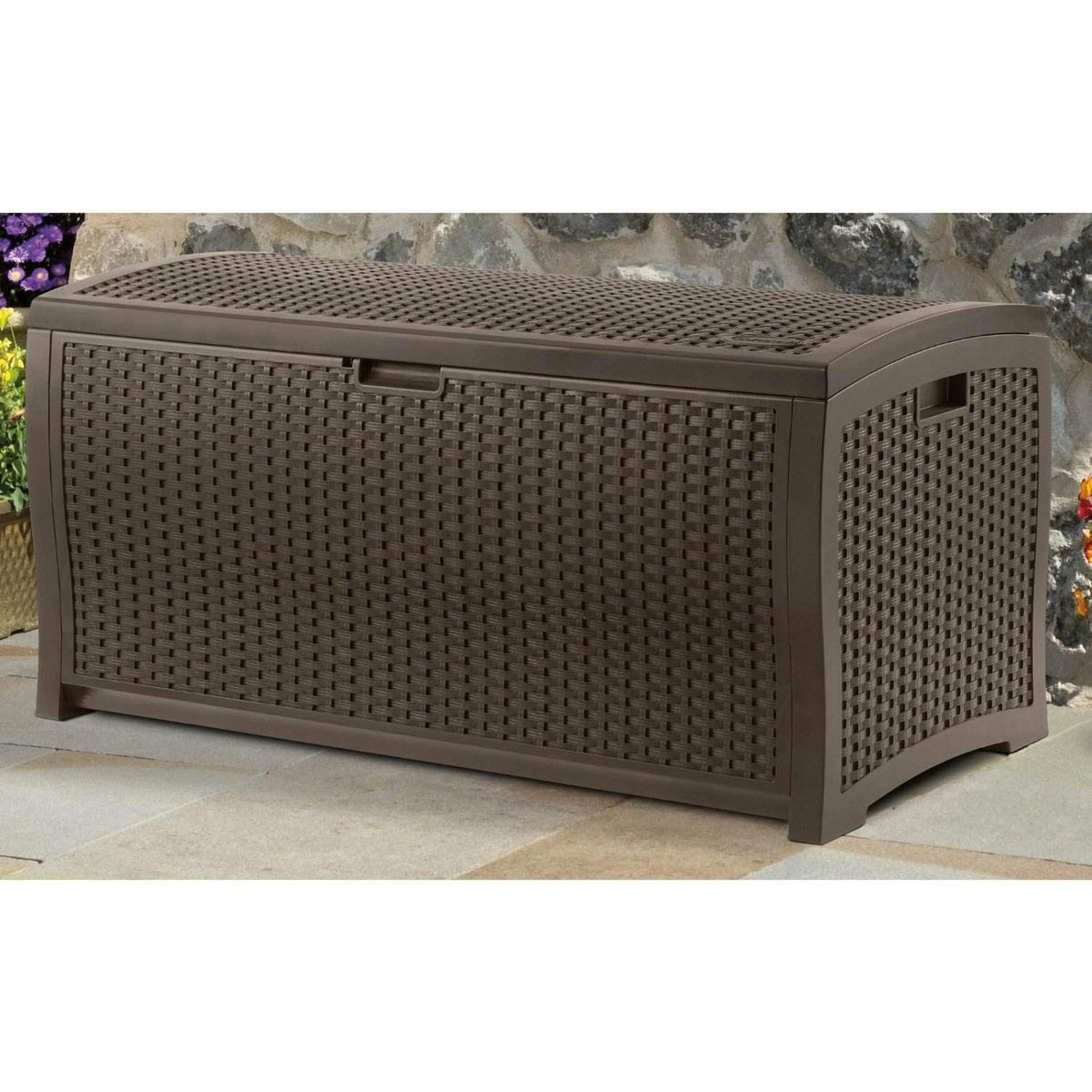 Suncast 99 Gallon Plastic Wicker Deck Box Container Storage for Garden, Garage, Home, Pool, Indoor and Outdoor Use, Mocha (2 Pack)