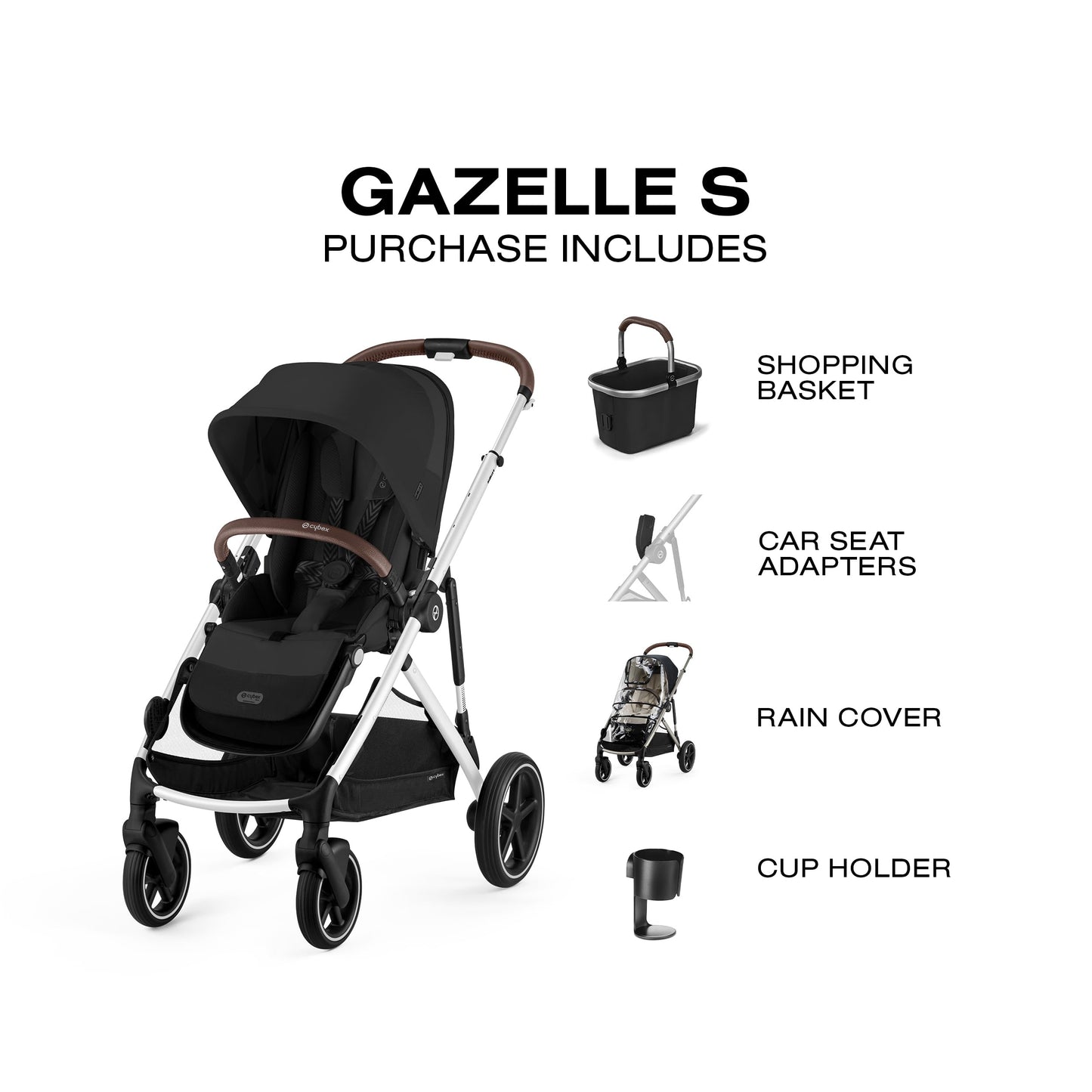 Cybex Gazelle S All-in-One Toddler and Baby Stroller with Over 20 Modular Configurations, Ergonomic Near-Flat Recline, Shopper Basket, and Compact Fold, Moon Black, Silver Frame