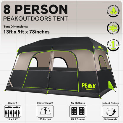 PEAK OUTDOORS Instant Tent 6/8 Person Tents for Camping, 60 Second Easy Setup Portable Camping Cabin Tent with Rainfly, Waterproof Pop Up Tents for Family Camping & Hiking with Expandable Carry Bag