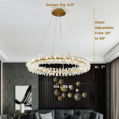 Axamate Modern Crystal Chandeliers D24 Gold Ring Chandelier Light Fixture Adjustable Hanging Ceiling Light for Living Room Bedroom Dining Room Laundry Room Foyer Kitchen Island