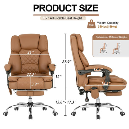BOWTHY Kneading Massage Executive Office Chair with Heated,90-135° Reclining Office Chair with Footrest,Computer Desk Chair with Wheels,Diamond-Stitched Cushion Leather Office Chair (Brown)