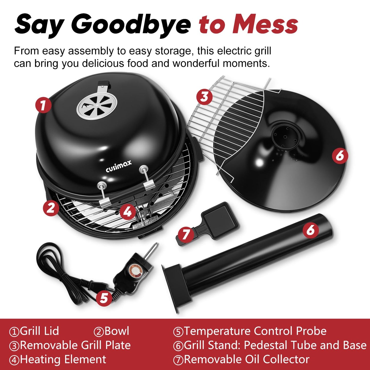 Electric Grill, CUSIMAX Electric Indoor/Outdoor Grill, 1600W Portable BBQ with Lid for Indoor & Outdoor Use, Adjustable Heat, Removable Stand Grill for Cookouts, BBQ Gatherings, Small Spaces
