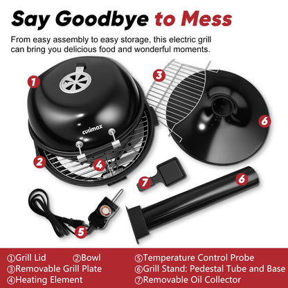 Electric Grill Outdoor, CUSIMAX Electric BBQ Grill, 1600W Portable BBQ with Lid for Cookouts, BBQ Gatherings, Small Spaces, Adjustable Heat, Removable Stand Grill, Oil Collector