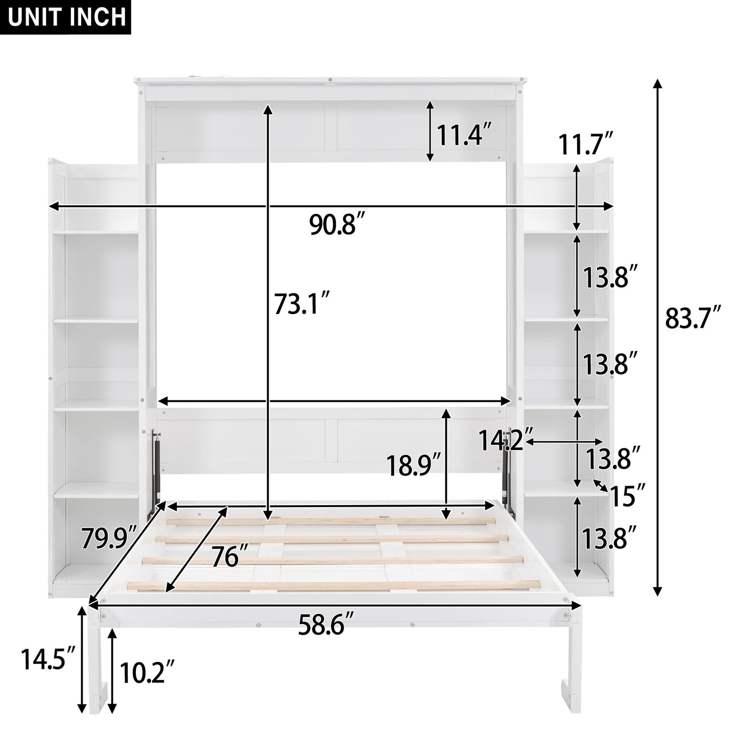 Ball & Cast Full Size Murphy Bed Wall Bed with Shelves and LED Lights,can be Folded,Hideaway Cabinet Frame W/ 2 Five-Layer Cabinets,Slat Support,No Box Spring Needed,for Apartment,Bedroom,White